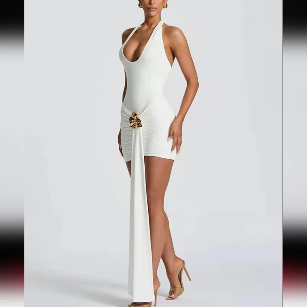 Metal Flower Draped Ruched Sexy MiniDress Women Robe Fashion Halter Backless - Picture 3 of 8
